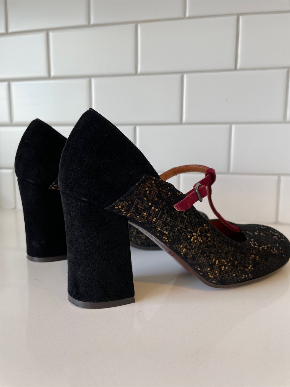 Chie Mihara Black Glitter Mary Jane Heels with Wine Pink Strap • Size 37 - Picture 16 of 16
